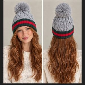 Cindy Claire FLUFFY Gray With Green & Red Band Knit Pom-Pom Beanie
